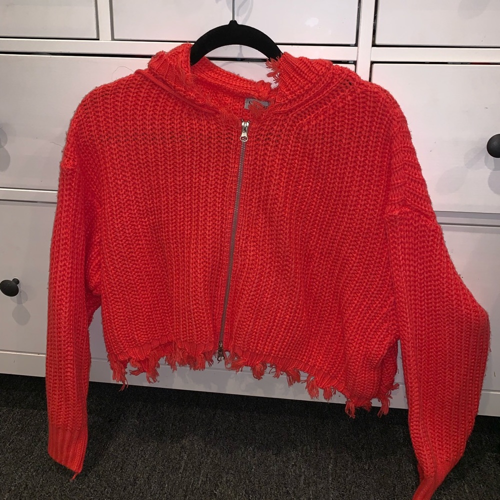 Distressed Knit Zip Up Sweater